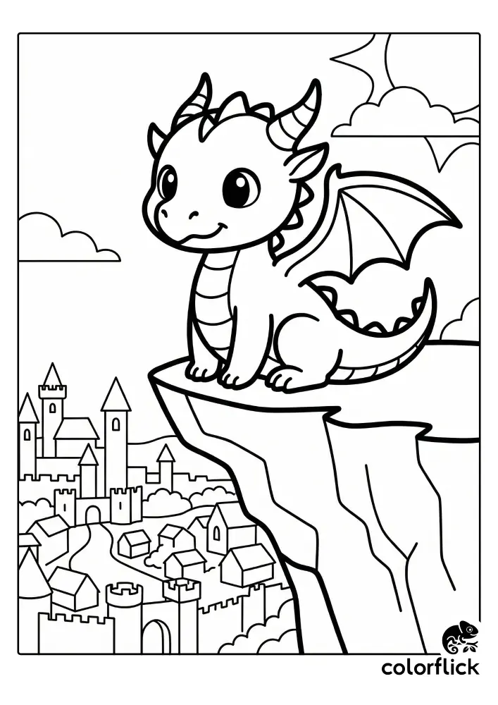 A cute chibi-style dragon with small wings and horns sits on a high rocky ledge, gazing down over a sprawling medieval castle and walled kingdom.