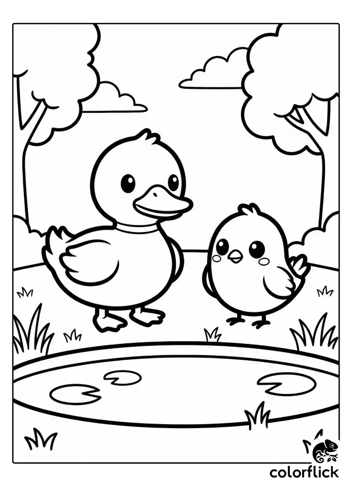 A black and white line art coloring page featuring a friendly chibi duck and a small chibi bird standing together on the grass beside a peaceful park pond with lily pads.