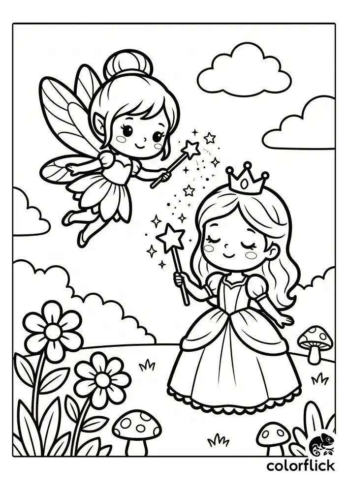 A cute chibi fairy flies and sprinkles magic stars from her wand over a princess holding her own wand in a flower garden coloring page.