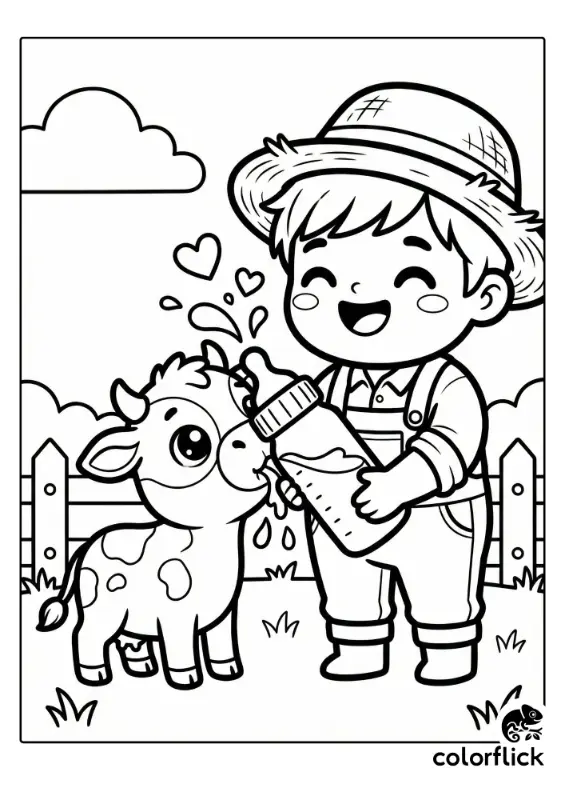 A coloring page illustration showing a smiling chibi farmer boy in a straw hat bottle-feeding a cute spotted calf next to a fence, with hearts and milk splashes around them.