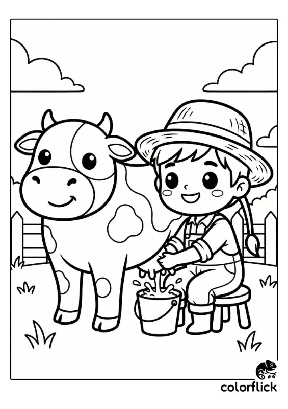 A coloring page illustration showing a smiling chibi farmer boy in a straw hat sitting on a stool and milking a happy spotted cow into a bucket in a field.