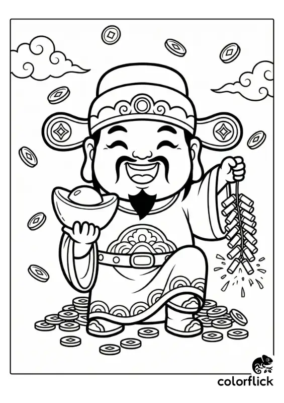 A smiling chibi God of Wealth holding a large gold ingot and a string of firecrackers while standing on a pile of lucky coins.