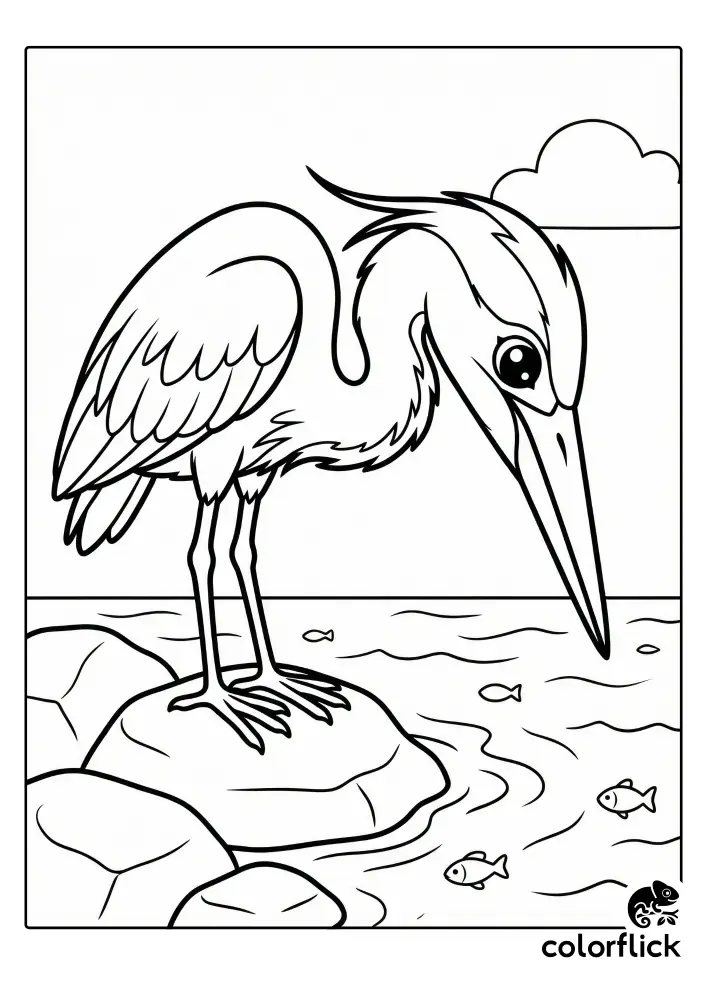 A cute chibi heron with a long beak stands on a large rock by the water, looking down at small fish swimming below in this coloring page illustration.