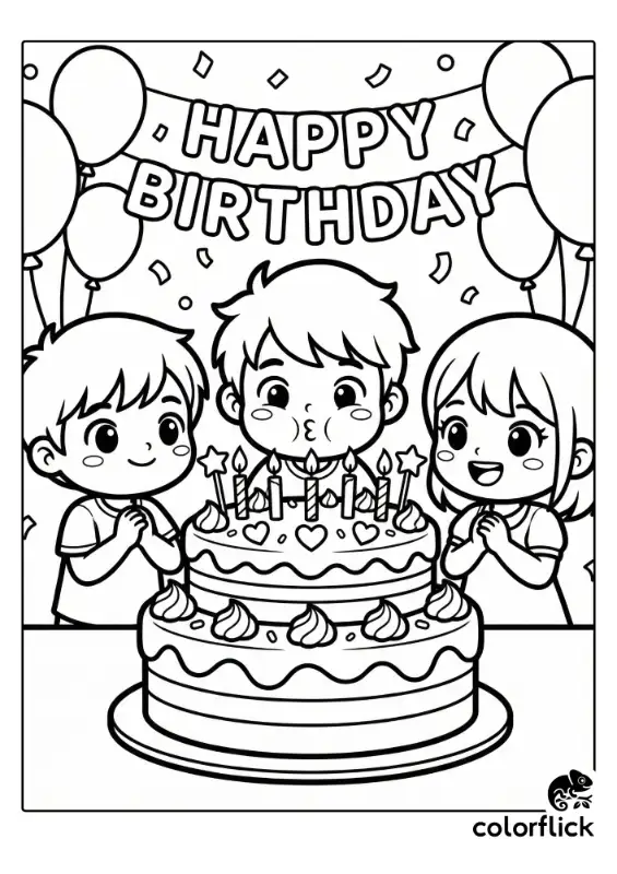 Three happy chibi children gathered around a two-tier birthday cake, with the center child blowing out the candles while friends cheer under a festive banner.