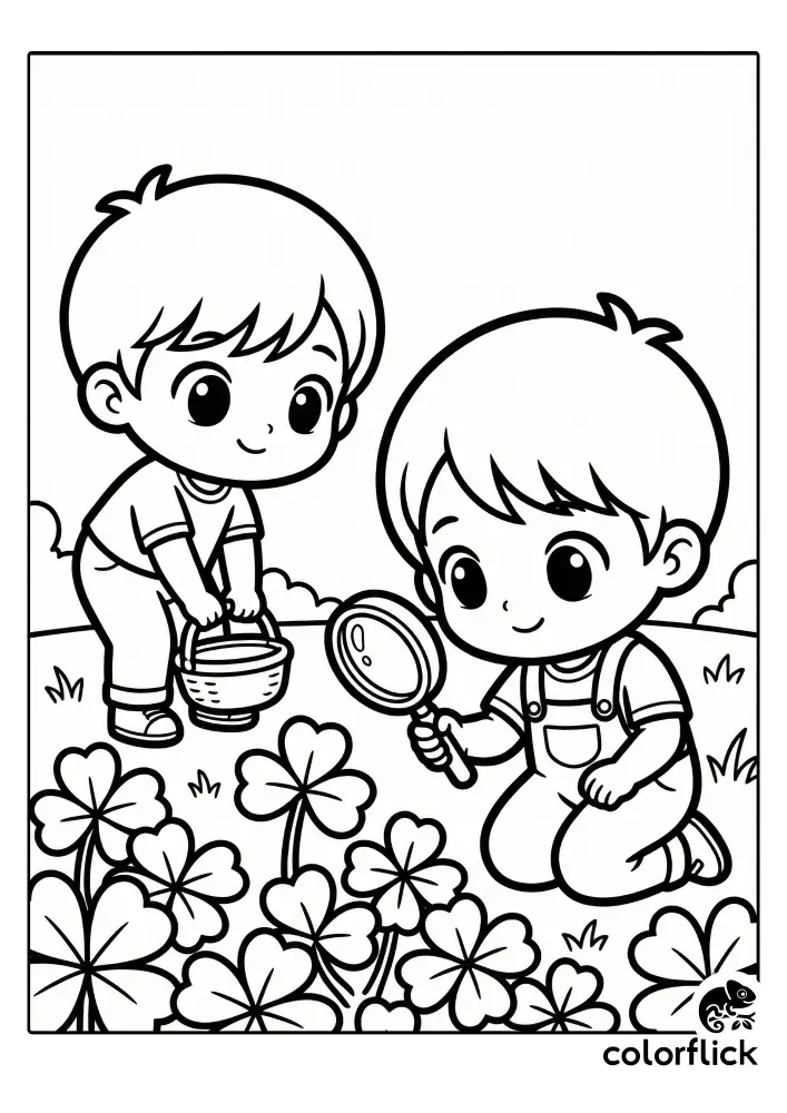 A chibi-style coloring page showing two cute children with a magnifying glass and a basket, searching for four-leaf clovers in a field.