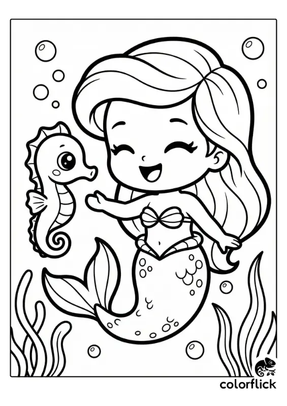 A cute chibi mermaid smiling and waving at a little seahorse in a printable coloring page illustration with bubbles and seaweed.