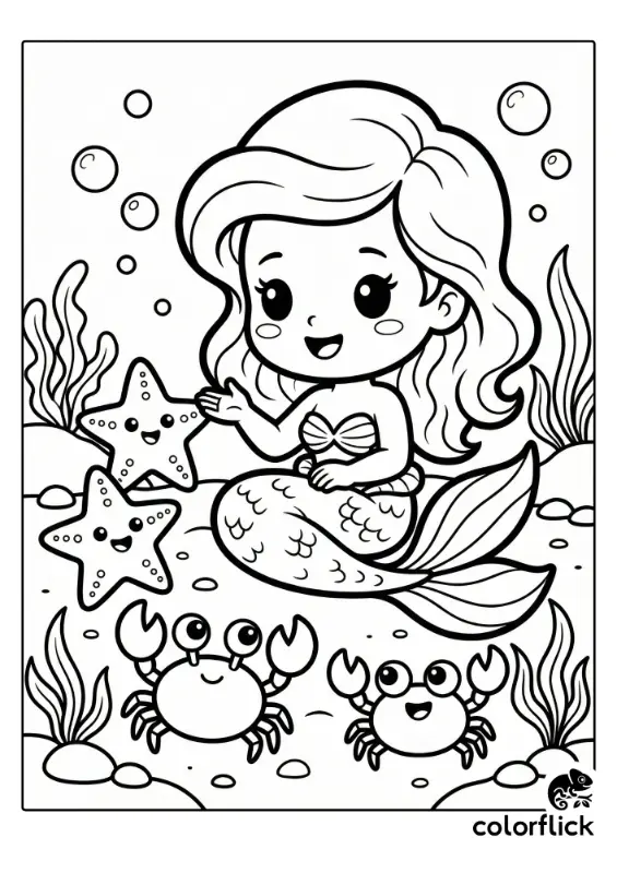 A cute chibi mermaid sits on the sandy ocean floor, smiling and gesturing as she talks with two friendly starfish and two cheerful crabs in this printable coloring page illustration.