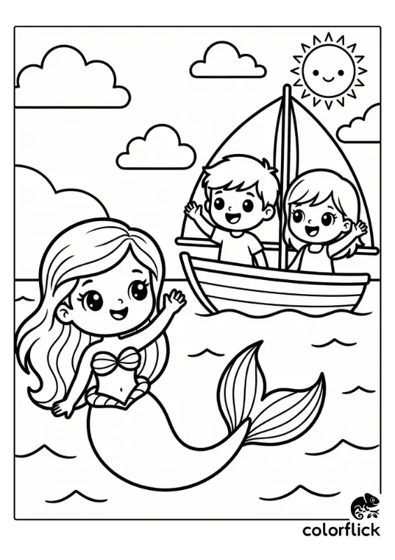 A smiling chibi mermaid waves from the water to two happy children on a sailboat under a sunny sky in this printable coloring page illustration.