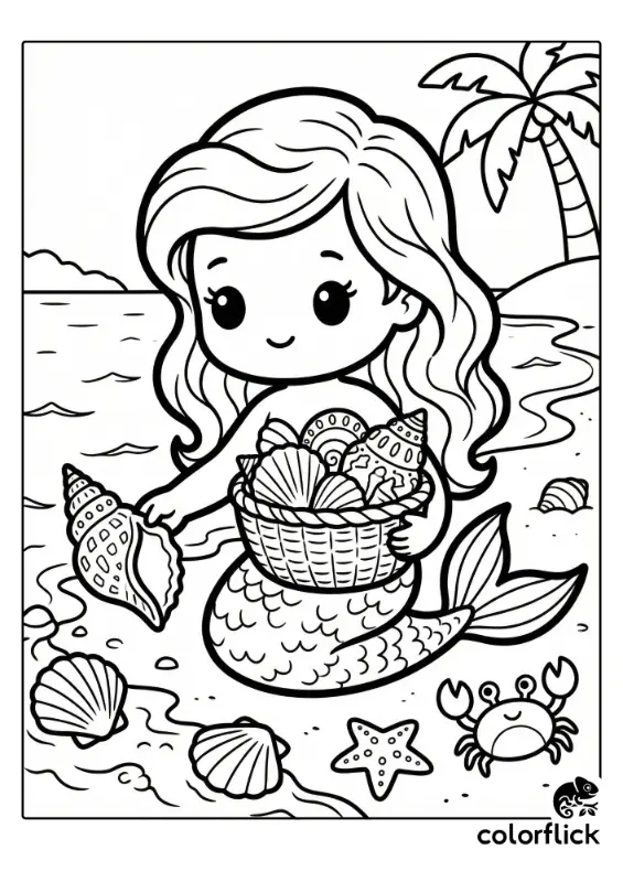 A cute chibi mermaid with a basket is busy collecting beautiful seashells on a sandy beach shore, with a palm tree and a friendly crab in the background of this printable coloring page.