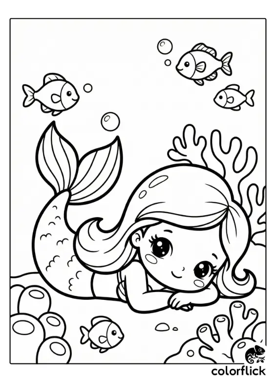 A cute chibi mermaid with big eyes resting on the ocean floor next to coral and fish in a printable coloring page.