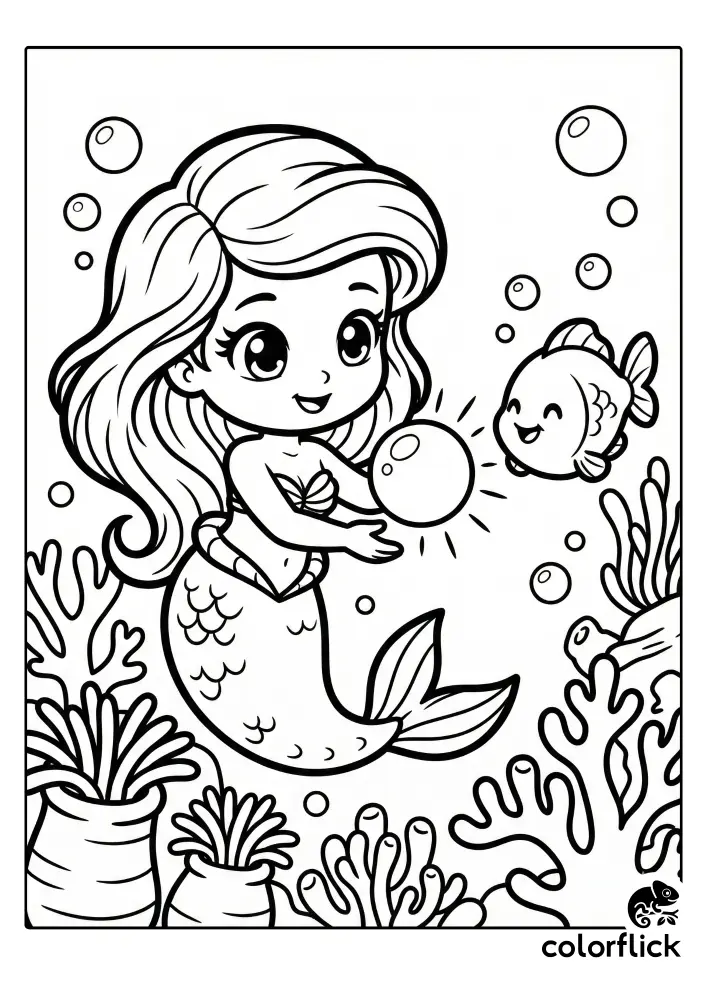 A cute chibi mermaid smiles as she holds a large, glowing pearl towards a happy fish, surrounded by coral and bubbles in a black and white coloring page.