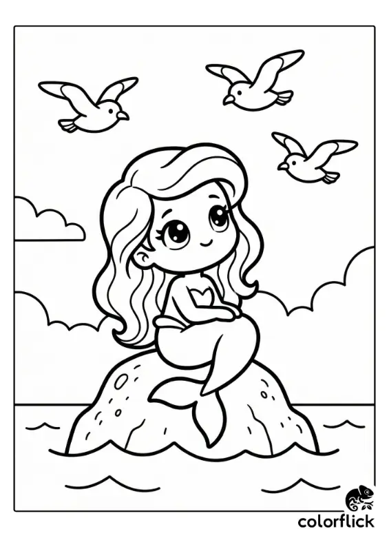A cute chibi mermaid sits on a rock in the ocean, looking up at three seagulls flying in the sky in this printable coloring page illustration.
