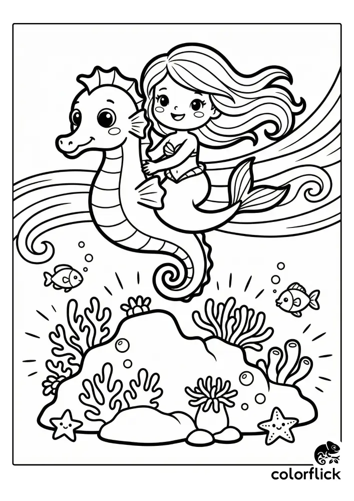 A cute chibi mermaid with flowing hair smiles while riding a large seahorse over a glowing coral reef surrounded by small fish and starfish in this black and white coloring page.