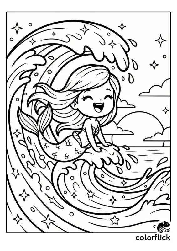 A joyful chibi mermaid with flowing hair riding a large, sparkling ocean wave under a sunset sky in a black and white coloring page illustration.