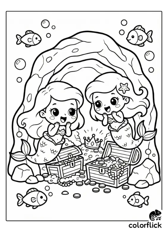 Two adorable chibi mermaids with excited expressions discover a hidden cave filled with overflowing treasure chests, coins, and a crown in a printable coloring page illustration.