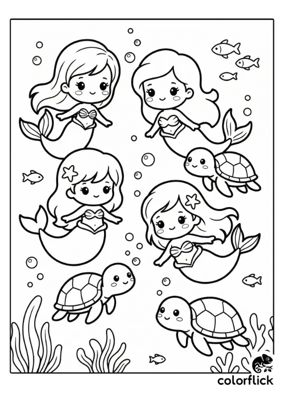 A fun coloring page showing four cute chibi mermaids swimming happily alongside three friendly sea turtles in an underwater scene.