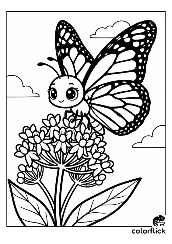 A cute chibi Monarch butterfly with large, friendly eyes is resting on a cluster of milkweed flowers in this black and white coloring page illustration.