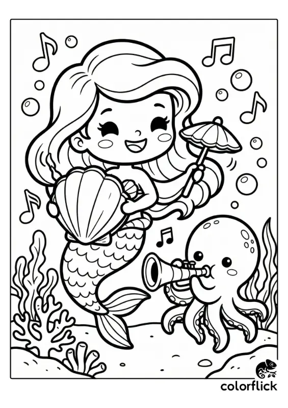 A cheerful chibi mermaid playing a clam shell drum and a cute octopus playing a trumpet in an underwater musical scene coloring page illustration.