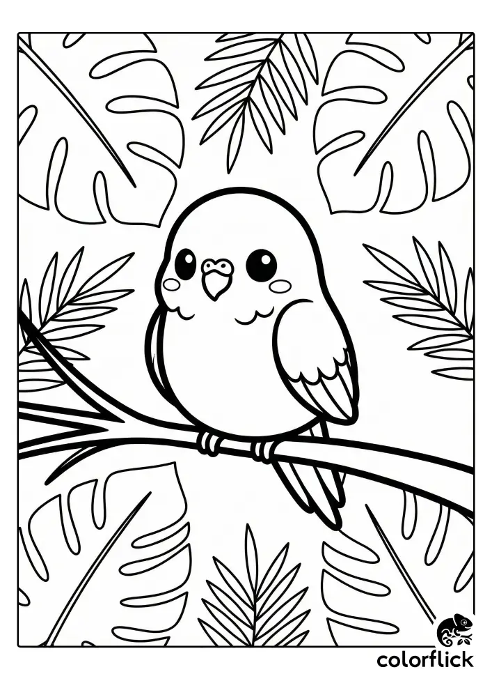A cute chibi parakeet with big eyes is perched on a branch, surrounded by tropical leaves in a black and white coloring page.