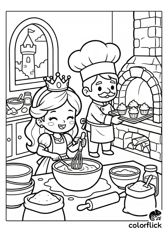A cheerful chibi princess in a crown and apron mixes batter in a bowl while a friendly chef puts a tray of cupcakes into a stone oven in a castle kitchen coloring page.