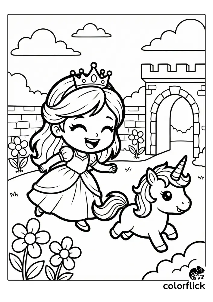 A cheerful chibi princess in a gown and crown chases a cute unicorn foal through a castle garden courtyard in this black and white coloring page illustration.