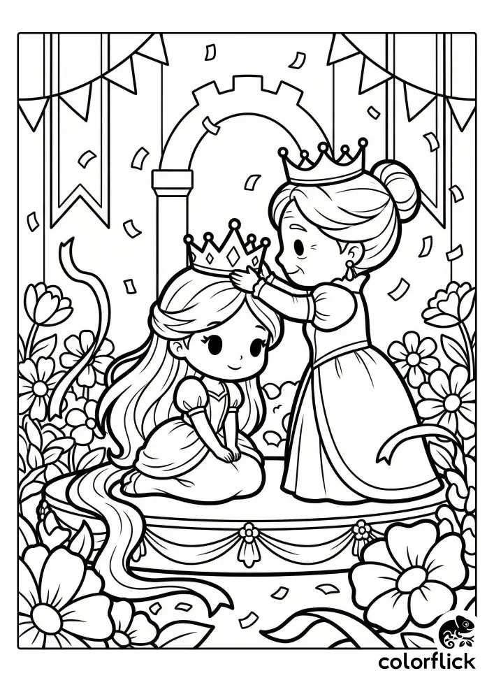 A cute chibi princess kneels on a decorated stage while an older queen gently places a crown on her head amidst falling confetti and large flowers in this coloring page illustration.