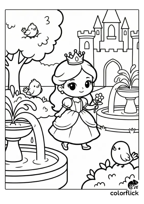 A cute chibi princess strolls through her castle garden, with cheerful birds and flowing fountains, in a black and white coloring page.