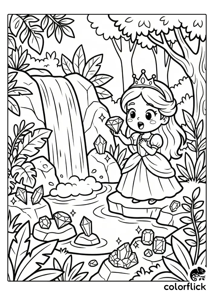 A cute chibi princess wearing a crown looks surprised and happy as she holds a large sparkling gem next to a secret waterfall filled with crystals in this lush jungle coloring page.