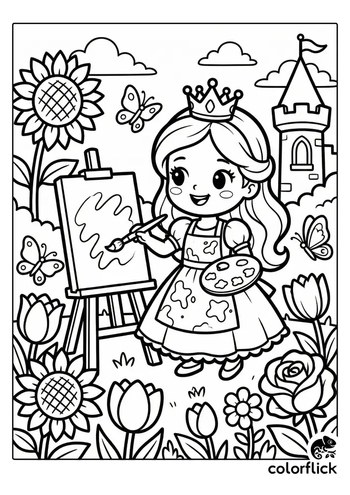 A smiling chibi princess wearing a crown and apron paints on a canvas at an easel, surrounded by large sunflowers, roses, tulips, and butterflies in a castle garden coloring page.