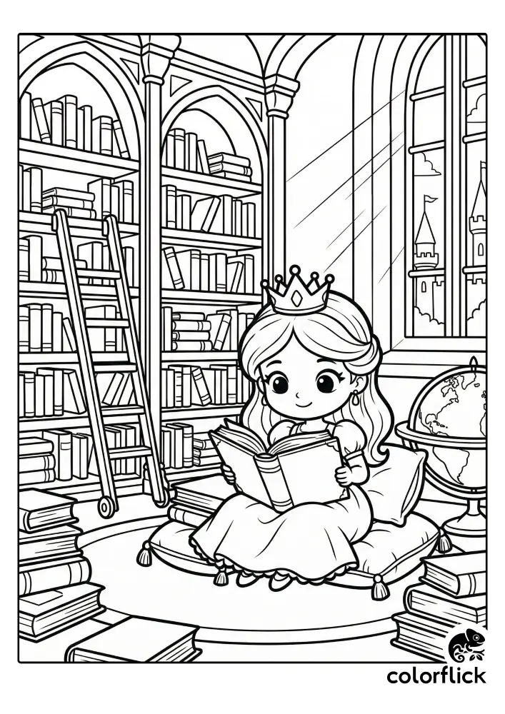 A cute chibi princess with a crown sits on pillows, engrossed in a large book inside a grand castle library filled with tall bookshelves, a rolling ladder, and a globe in this coloring page illustration.