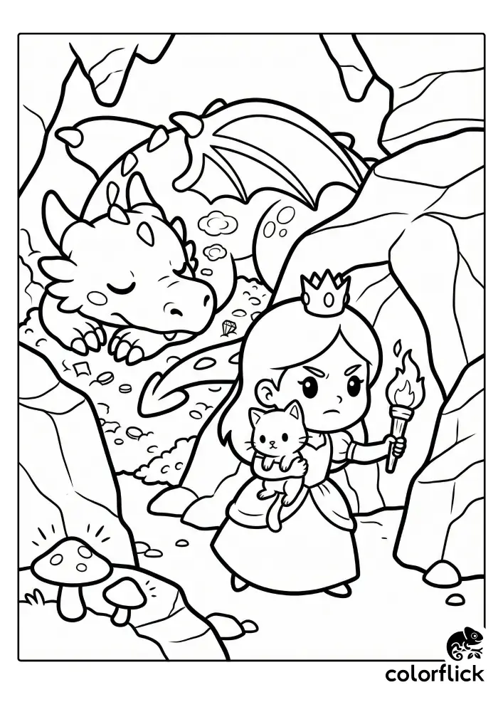 A brave chibi princess holding a torch and a small kitten sneaks out of a cave where a large dragon is sleeping on a pile of treasure in this coloring page illustration.