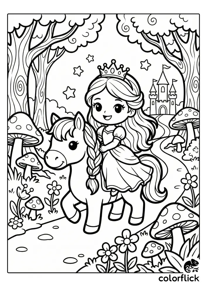 A smiling chibi princess with a crown rides a cute pony through a magical forest filled with large mushrooms, stars, and a distant castle in this black and white coloring page.
