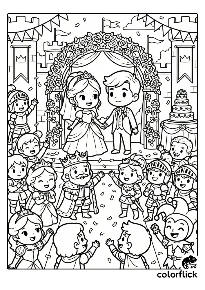A joyful chibi princess bride and prince groom hold hands under a floral archway, surrounded by cheering royal guests including a king, queen, knight, and jester in a castle courtyard with a wedding cake and falling confetti in this black and white coloring page.