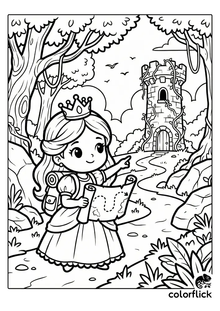 A cute chibi princess with a crown and backpack holds a treasure map and points towards an ivy-covered ancient stone tower in a forest in this black and white coloring page illustration.