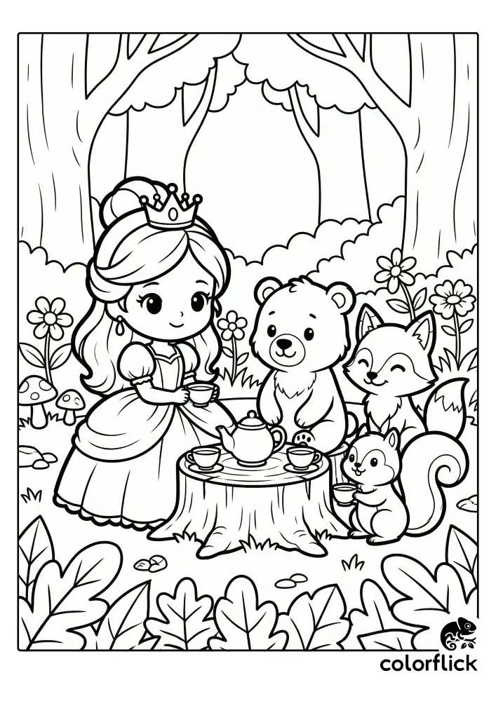 A cheerful chibi princess in a crown hosts a tea party for a friendly bear, fox, and squirrel around a tree stump table in a forest clearing.