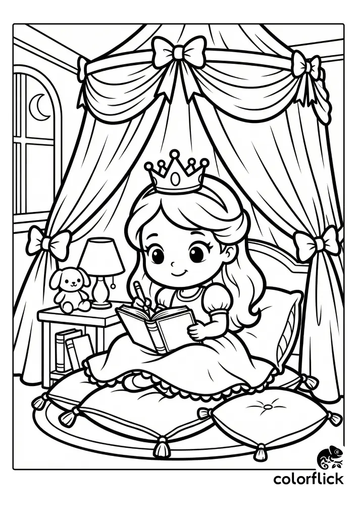 A cute chibi princess wearing a crown sits on large cushions under a draped canopy bed, writing in her diary by the light of a bedside lamp at night in this coloring page illustration.