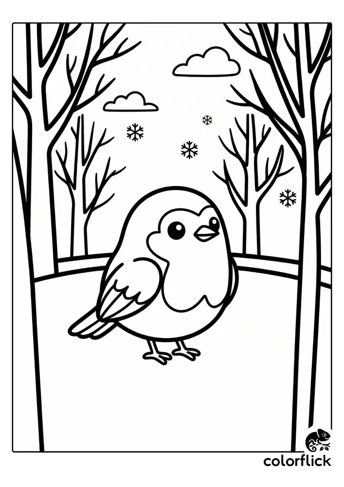 A cute, round chibi robin stands on a snowy ground surrounded by bare winter trees and falling snowflakes in this black and white coloring page.