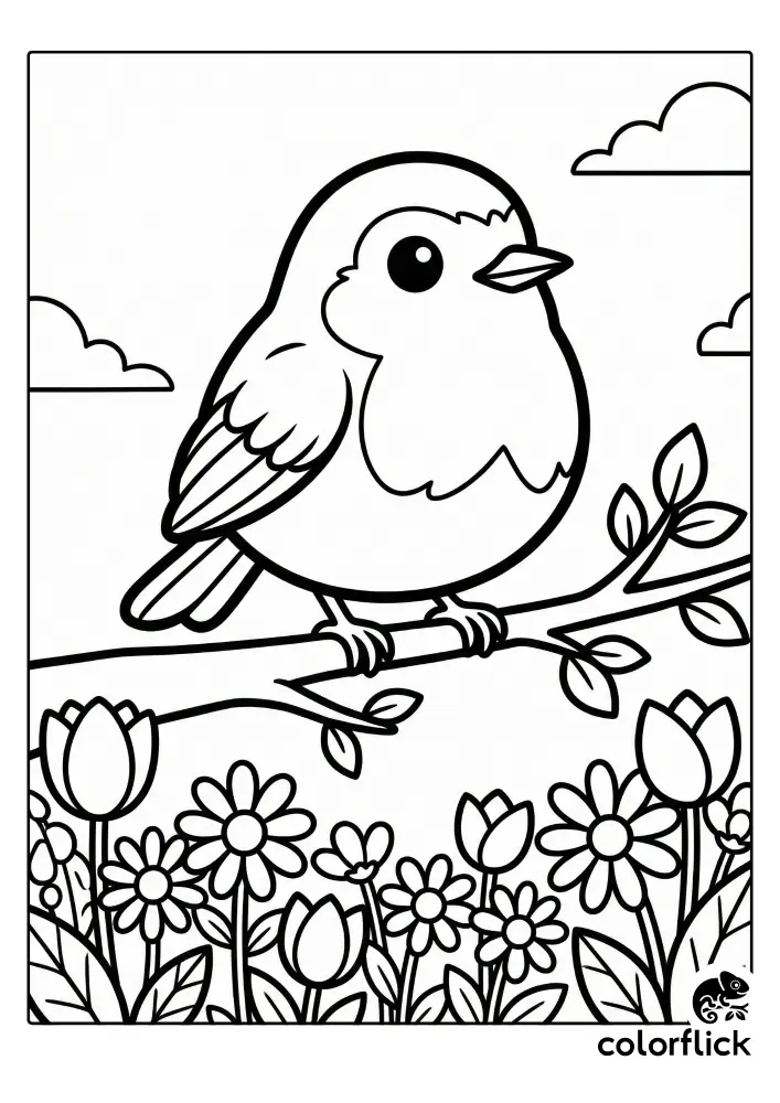 A black and white line art coloring page showing a cute, plump chibi robin perched on a tree branch directly above a bed of tulips and daisies.