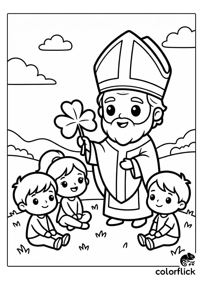 A cute line art coloring page showing a smiling chibi Saint Patrick bishop holding a large shamrock and teaching three seated children outdoors on a grassy hill.