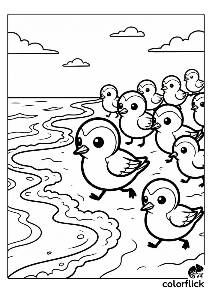 A line art coloring page featuring several adorable chibi shorebirds running together on the wet sand right next to the frothy ocean waves.