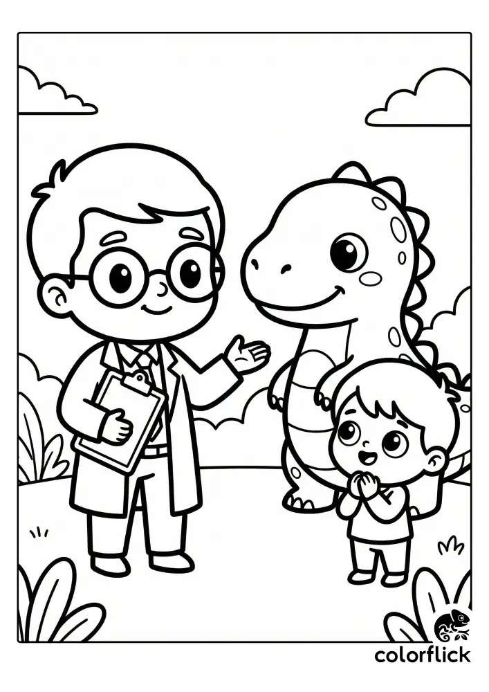 A cute chibi scientist with a clipboard gestures towards a friendly dinosaur while a small child watches happily, all in a black and white coloring page style.