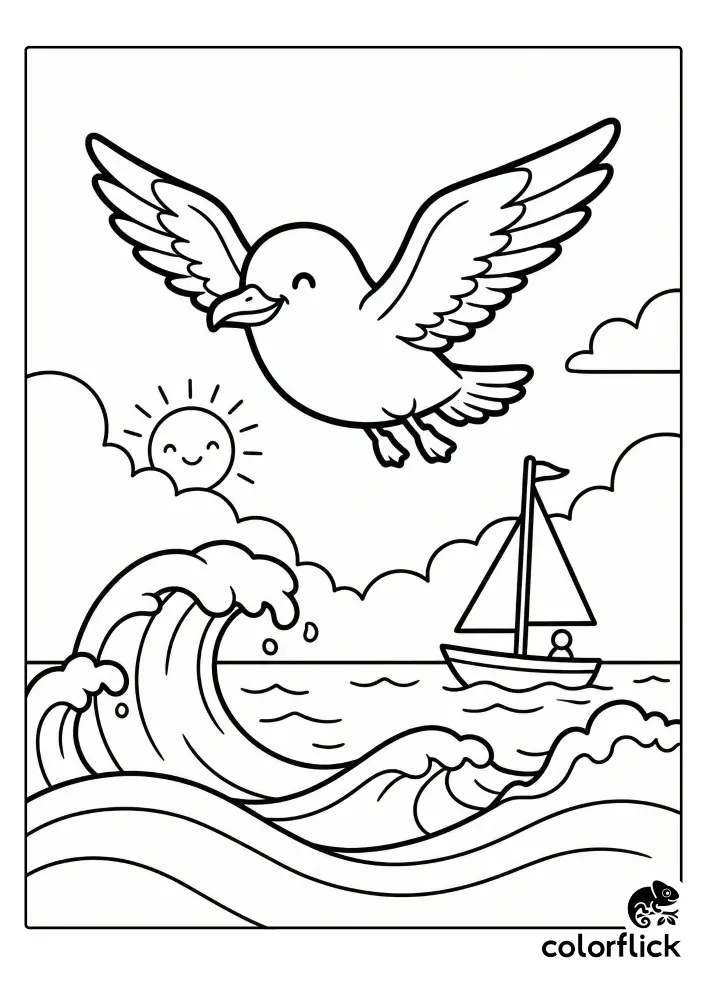 A cheerful chibi seagull soars in the sky above large waves and a small sailboat with a person in it on a sunny day.