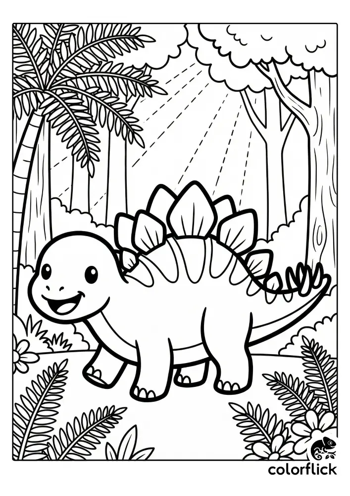 A cute chibi Stegosaurus with large plates walks through a sunlit fern forest in this printable coloring page.