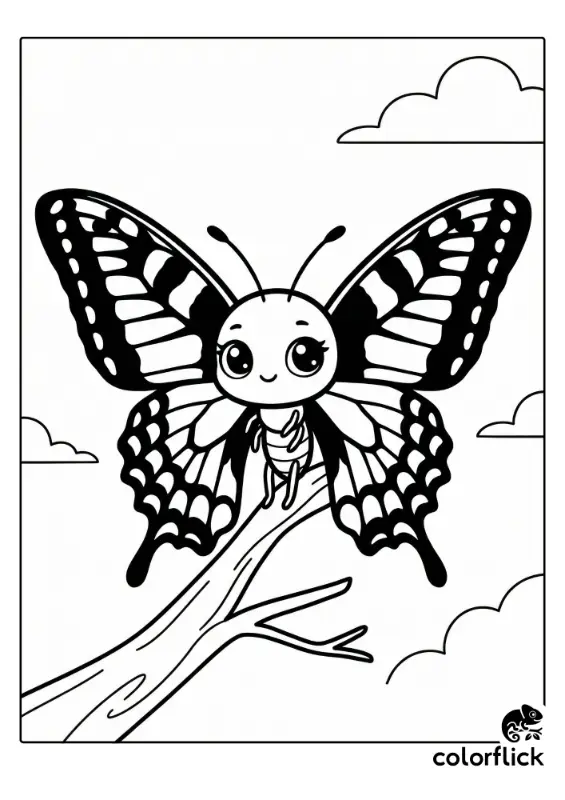 A cute chibi Swallowtail butterfly with its large, patterned wings spread open, perched on a branch in a black and white coloring page illustration.