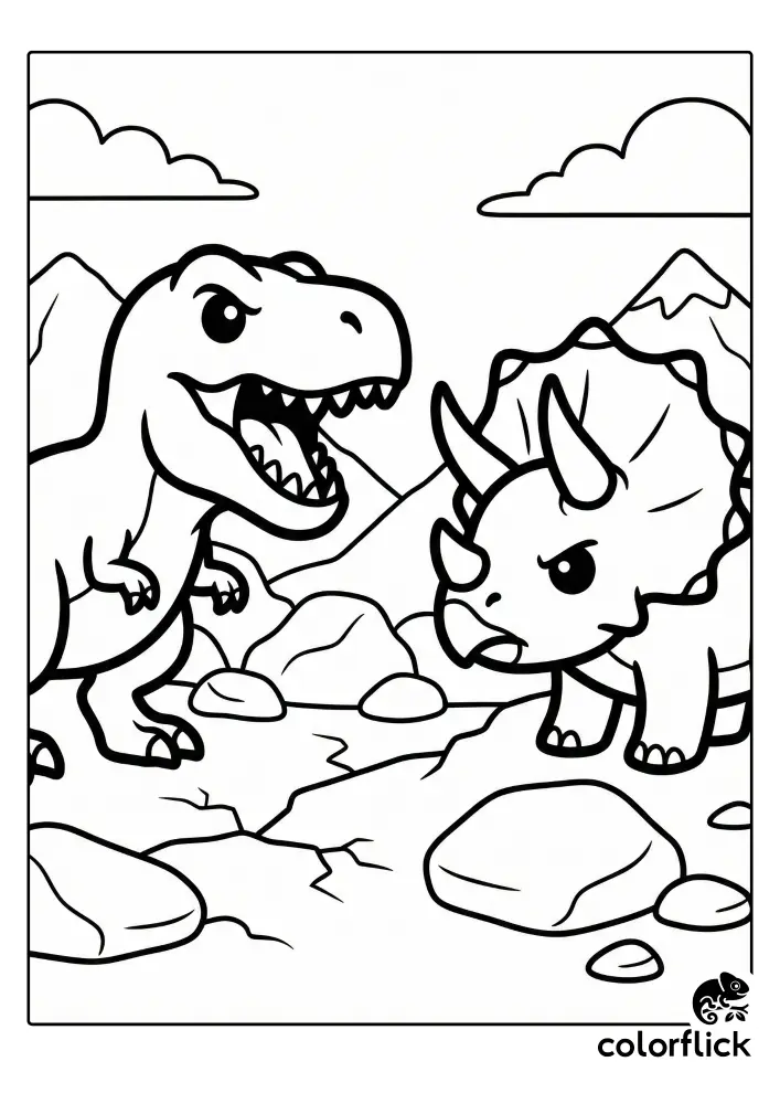 A fun coloring page featuring a roaring chibi T-Rex and a determined chibi Triceratops facing each other across a rocky landscape with mountains in the background.
