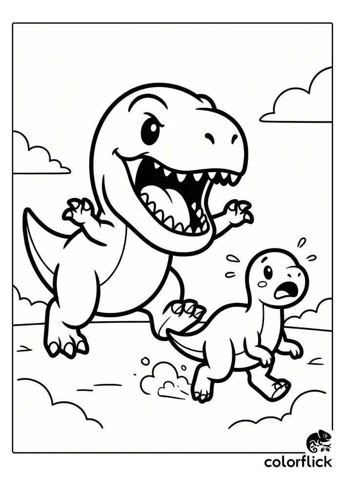 A fun coloring page illustration showing a large, cute chibi T-Rex with open jaws chasing a smaller, frightened dinosaur that is running away.