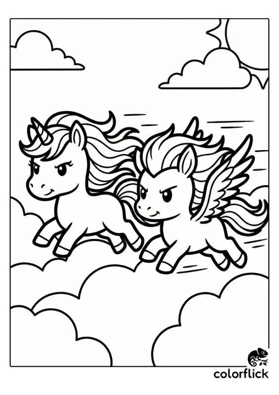 A printable coloring page featuring a determined chibi unicorn and pegasus racing side-by-side through the clouds under a sunny sky.