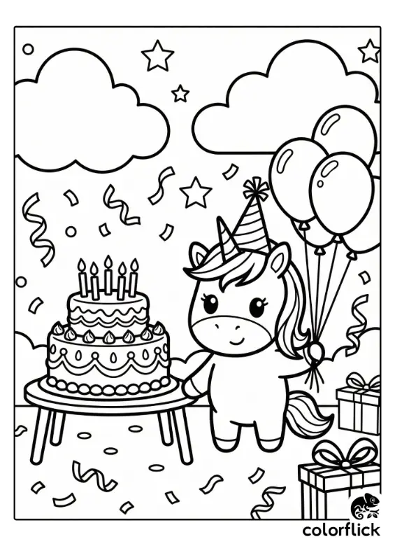 A printable coloring page showing a cute chibi unicorn wearing a party hat and holding a bunch of balloons, standing next to a table with a large birthday cake and gifts amidst confetti and streamers.