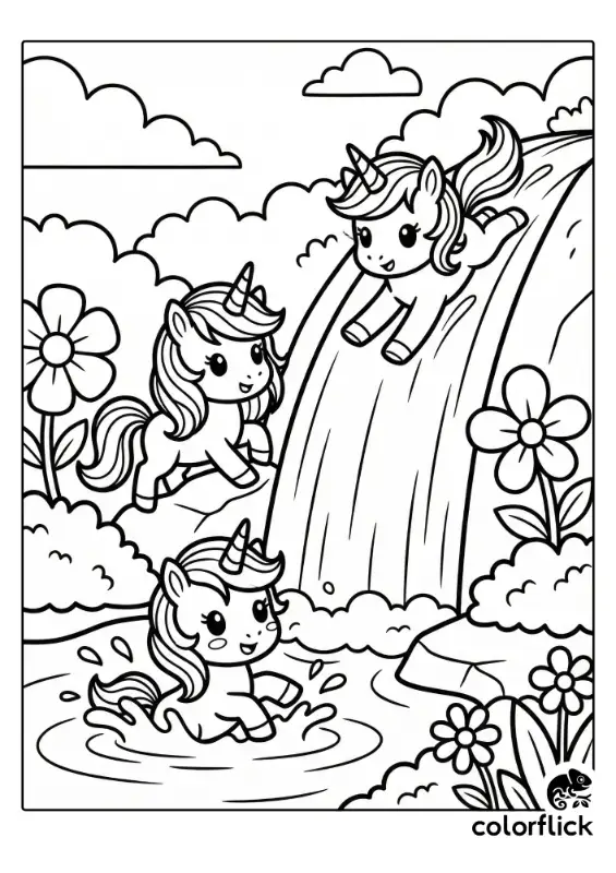 A printable coloring page showing three cute chibi unicorns having fun; one slides down a waterfall, another splashes in the pool below, and a third watches from a rock amidst large flowers.