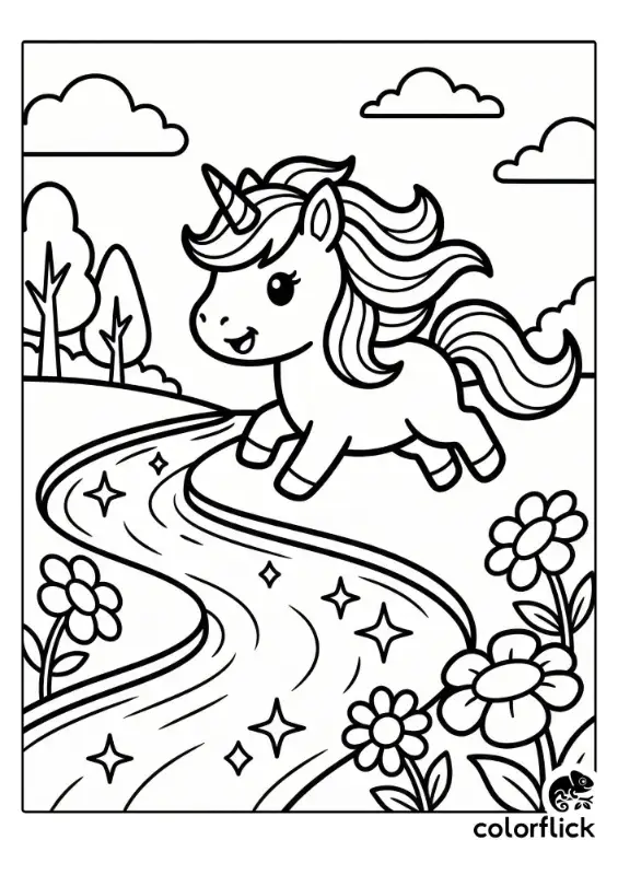 A printable coloring page featuring a cute chibi unicorn running happily next to a winding river filled with sparkles, surrounded by large flowers and trees.